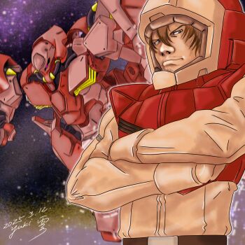 Rule 34 | 1boy, 2025, black eyes, brown hair, cable, commentary request, crossed arms, dated, facial hair, flying, gawman nobile, gundam, gundam hathaway's flash, helmet, highres, looking at viewer, mecha, mecha pilot suit, messer (mobile suit), mobile suit, mustache, pilot, robot, science fiction, serious, shield, signature, space helmet, spacesuit, yuki xue ying