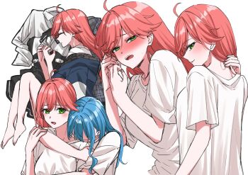 2girls ahoge barefoot bite_mark blue_hair blush chinese_commentary closed_eyes closed_mouth commentary_request double-parted_bangs green_eyes highres hololive hoshimachi_suisei hug hug_from_behind kurokawa_rikuu long_hair looking_at_viewer lying multiple_girls multiple_views nose_blush on_side open_mouth parted_bangs parted_lips profile red_hair sakura_miko shirt short_sleeves simple_background sleeping smile t-shirt unworn_clothes virtual_youtuber white_background white_shirt yuri