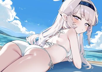 Rule 34 | 1girl, ass, bikini, blue archive, breasts, commentary request, danbal, day, halo, highres, himari (blue archive), long hair, looking at viewer, mole, mole under eye, mountain, ocean, outdoors, pointy ears, purple eyes, small breasts, solo, swimsuit, white bikini, white hair