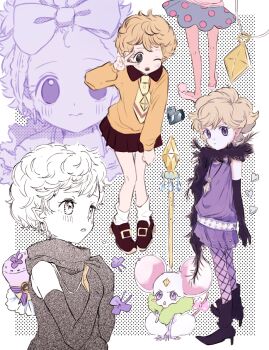 Rule 34 | 1girl, black boots, black gloves, blanca (sugar sugar rune), blonde hair, blush, boots, commentary request, dress, elbow gloves, feather boa, fishnet pantyhose, fishnets, gloves, hano luno, heart, highres, jewelry, magical girl, mouse (animal), multiple views, necktie, pantyhose, pendant, pointy ears, pom pom (clothes), purple dress, school uniform, short hair, skirt, socks, sugar sugar rune, v, vanilla mieux, wand, white socks