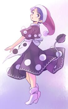 1girl apron black_dress blue_eyes blue_hair commentary_request doremy_sweet dress from_side full_body hat light_blush looking_back nightcap one-hour_drawing_challenge open_mouth pointy_ears pom_pom_(clothes) rangycrow red_hat short_hair short_sleeves socks solo tail tapir_tail touhou white_apron white_socks