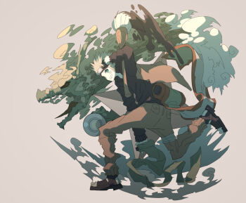 Rule 34 | 1boy, black shirt, black shoes, blonde hair, blue eyes, brown pants, calligraphy brush, collared shirt, commentary, forehead protector, full body, grey background, holding, holding calligraphy brush, holding paintbrush, male focus, naruto (classic), naruto (series), paintbrush, pants, pocket, shirt, shoes, shuriken, solo, uzumaki naruto, weapon, yukitake (bullfalk)