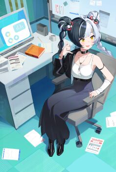 1girl absurdres ahoge alternate_costume aqua_nails arm_warmers armband bare_shoulders black_armband black_choker black_hair black_shoes bracelet braid braided_twintails breasts chair choker commentary cup desk dialyn_(zenless_zone_zero) earrings hair_extensions hair_ornament high-waist_skirt highres hoop_earrings jacket jacket_partially_removed jewelry leather leather_jacket light_blush long_hair long_skirt medium_breasts monitor mug multicolored_hair multicolored_nails multiple_hair_clips necklace niji_(rudduf232) office office_chair office_lady open_mouth panda_hair_ornament papers red_nails ring ring_hair_extensions shaka_sign shirt shoes single_arm_warmer sitting skirt smile solo split-color_hair swivel_chair tassel_necklace unworn_jacket white_arm_warmers white_hair white_shirt whiteboard yellow_eyes zenless_zone_zero