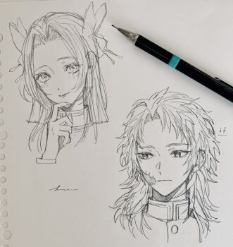 1boy 1girl art_tools_in_frame blush butterfly_hair_ornament closed_mouth commentary cropped_head curtained_hair facial_scar finger_to_own_chin graphite_(medium) greyscale hair_ornament high_collar highres hsfa_2222 kimetsu_no_yaiba kochou_kanae long_hair looking_at_viewer looking_to_the_side monochrome parted_bangs photo_(medium) sabito_(kimetsu) scar scar_on_cheek scar_on_face signature smile symbol-only_commentary traditional_media