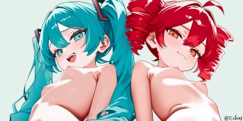 2girls absurdres ahoge aqua_eyes aqua_hair artist_name breasts closed_mouth commentary_request drill_hair from_below hatsune_miku highres kasane_teto long_hair looking_at_viewer multiple_girls nude open_mouth red_eyes red_hair simple_background small_breasts smile tcchief teeth twintails upper_body vocaloid