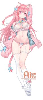 1girl animal_ears arm_behind_head asymmetrical_legwear bell blue_bow blush bow bow_legwear bra braid breasts cat_ears cat_girl cleavage closed_mouth commentary_request full_body garter_straps hair_bow highres indie_virtual_youtuber jacket kneehighs large_breasts long_hair long_sleeves looking_at_viewer lying neck_bell on_back open_clothes open_jacket panties pink_background pink_eyes pink_hair pink_jacket shoes simple_background single_garter_strap socks solo stomach thighhighs twin_braids underwear uneven_legwear virtual_youtuber white_background white_garter_straps white_shoes white_socks white_thighhighs yasuyuki yuuki_sakuna