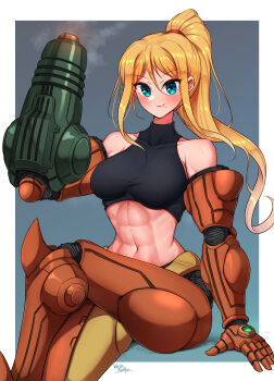 Rule 34 | 1girl, abs, absurdres, arm cannon, artist name, blonde hair, blue eyes, blush, breasts, commentary request, crop top, crossed legs, grey background, high ponytail, highres, looking at viewer, metroid, midriff, mole, mole under mouth, nintendo, ponytail, power suit (metroid), samus aran, signature, simple background, sitting, smile, super metroid, unworn armor, wakaba (wata ridley), weapon