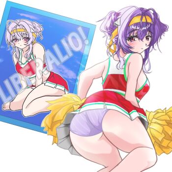 1girl alternate_costume artist_request ass ass_focus bare_shoulders barefoot blush breasts cheerleader embarrassed from_behind goddess_of_victory:_nikke hairband liberalio_(nikke) long_hair looking_at_viewer looking_back miniskirt panties purple_hair red_eyes sitting skirt solo thick_thighs thighs underwear wariza