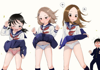 1boy 3girls black_eyes black_hair black_socks blue_panties blue_skirt blush bow bow_panties brown_eyes brown_hair commission embarrassed houjou_(takagi-san) karakai_jouzu_no_takagi-san legs loli long_hair mano-chan multiple_girls neckerchief nishikata one_eye_closed open_mouth paid_reward_available panties pantyshot pink_panties pixiv_commission polka_dot polka_dot_panties red_neckerchief school_uniform serafuku shirt short_hair simple_background skirt socks takagi-san tanakaminos underwear white_background white_panties white_shirt wind wind_lift