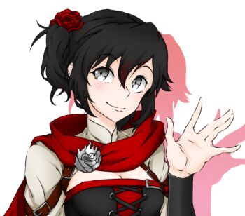 1girl black_hair blush breasts brooch cape cleavage cleavage_cutout clothing_cutout female_focus flower grey_eyes hair_flower hair_ornament highres jewelry looking_at_viewer medium_breasts multicolored_hair one_side_up red_cape red_hair rose rose_hair_ornament ruby_rose rwby sake_jerky short_hair solo tagme upper_body