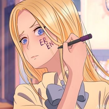 1girl alternate_costume artist_name blonde_hair blue_eyes blue_ribbon blush body_writing closed_mouth collared_shirt commentary cutahime drawing_on_own_face english_commentary highres holding holding_marker indoors kimi_no_na_wa. krista_lenz long_hair marker neck_ribbon parody ribbon scene_reference school_uniform shingeki_no_kyojin shirt short_sleeves solo white_shirt