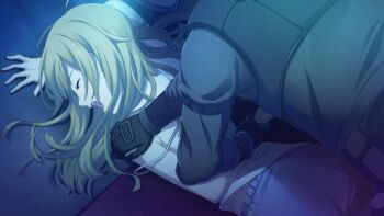 1boy 1girl ambush antenna_hair arm_behind_back arm_strap back bare_shoulders belt_pouch black_gloves blonde_hair blue_shorts bulletproof_vest carpet closed_eyes fukuda_tomonori game_cg gloves grey_jacket hair_down hand_on_another&#039;s_shoulder hand_on_floor helmet highres holding_another&#039;s_wrist immobilization indoors jacket koujiro_frau long_hair loungewear lying messy_hair non-web_source official_art on_person on_stomach open_mouth pouch restrained robotics;notes science_adventure screaming shirt shorts shoulder_grab shouting strap_pull tactical_clothes tank_top white_shirt white_tank_top