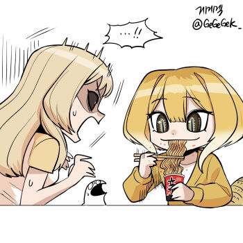 ! ...! 2girls artist_name artist_self-insert black_sclera blonde_hair bob_cut brown_eyes chopsticks collarbone colored_sclera instant_cup_noodles eating food gecko gegegekman gradient_hair highres holding holding_chopsticks instant_cup_noodles instant_noodles jacket leopard_gecko_(gegegekman) lizard lizard_tail long_hair motion_lines multicolored_hair multiple_girls noodles open_mouth original personification reptile_girl shirt short_sleeves signature slit_pupils slurping speed_lines spoken_exclamation_mark surprised sweatdrop tail white_shirt yellow_jacket