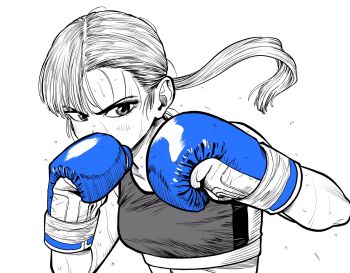 1girl asymmetrical_bangs blue_gloves boxing boxing_gloves breasts commentary_request fighting_stance flying_sweatdrops gloves greyscale hatching_(texture) highres lee_(dragon_garou) long_hair monochrome original ponytail serious small_breasts solo sports_bra spot_color sweat very_sweaty