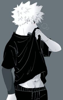 1boy abs arm_up bakugou_katsuki boku_no_hero_academia breath clothes_lift commentary_request compression_sleeve covering_own_mouth cowboy_shot crew_neck facial_scar grey_background groin lifting_own_clothes male_focus navel pants profile scar scar_on_cheek scar_on_face shirt shirt_lift short_hair short_sleeves simple_background solo spiked_hair t-shirt u_chans1217 wiping_face