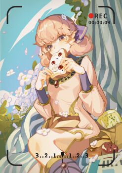1girl anachronism apple blue_hairband blue_sky bread commentary_request dress eating eyelashes fire_emblem fire_emblem_echoes:_shadows_of_valentia flower food fruit genny_(fire_emblem) grey_eyes hairband highres leaf long_dress manymanylilies nintendo pink_dress pink_hair recording short_hair sitting sky solo viewfinder white_flower