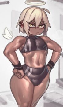 1boy :/ absurdres androgynous angel angel_boy arm_strap arms_up bare_legs bare_shoulders black_thighhighs bouncing_ass bulge crop_top crossdressing crossdressing_(mtf) curvy dark-skinned_male dark_skin disgust ear_piercing embarrassed fingernails frown gabi_(kelvin_hiu) halo hands_on_own_hips highleg highleg_panties highres kelvin_hiu looking_at_viewer male_focus midriff mini_wings mole mole_under_eye navel original panties piercing revealing_clothes sidelocks skindentation sleeveless solo sports_bikini stomach sweatdrop thighhighs trap tsurime underwear v-shaped_eyebrows white_hair white_wings wide_hips wings wrist_belt yellow_eyes