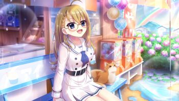 1girl :d after_rain ahoge animal arm_support ascot banner belt black_belt blonde_hair blue_ascot blue_eyes braid breasts buttons cat collarbone day dot_nose double-breasted fang film_grain flower food food_stand furumi_chie game_cg gashapon house hydrangea ice_cream izumi_tsubasu large_breasts lens_flare long_hair long_sleeves looking_at_viewer mountain non-web_source official_art on_bench open_mouth orange_cat outdoors power_lines puddle purple_flower rainbow re:stage! reflection reflective_water ripples sailor_collar school_uniform single_braid sitting skin_fang smile solo sparkle sunlight translated wet wet_clothes white_sailor_collar