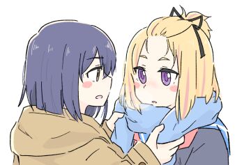 2girls adjusting_another's_clothes adjusting_scarf bangs_pinned_back blonde_hair blue_hair blue_sailor_collar blue_scarf blush_stickers breath brown_coat coat flip_flappers forehead from_side hood hooded_coat kokomine_cocona multicolored_hair multiple_girls neckerchief nick150iso open_mouth parted_lips pink_neckerchief pink_streaks profile purple_eyes sailor_collar scarf school_uniform serafuku short_hair streaked_hair yayaka