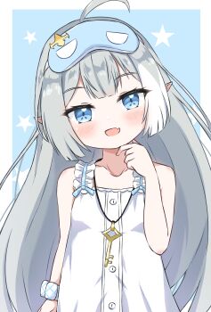 1girl absurdres ahoge bare_arms blush collarbone commentary_request dress female_tyrant_(stella_sora) grey_hair highres jewelry key key_necklace long_hair looking_at_viewer necklace open_mouth pointy_ears scrunchie shinonome_meguri smile solo stella_sora symbol-shaped_pupils tyrant_(stella_sora) very_long_hair white_dress white_scrunchie wrist_scrunchie