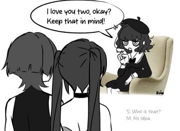 1boy 2girls arm_rest arms_at_sides artist_name artist_self-insert bare_shoulders beret blunt_ends bodysuit choker couch curly_ends dress english_text genshin_impact greyscale hand_up hat jitome kriszard19 long_hair long_sleeves makeup mascara median_furrow mole mole_under_eye mona_(genshin_impact) monochrome multiple_girls open_mouth original pointing pointing_at_another scaramouche_(genshin_impact) short_hair sitting sleeveless sleeveless_bodysuit twintails v-shaped_eyebrows wanderer_(genshin_impact) white_background