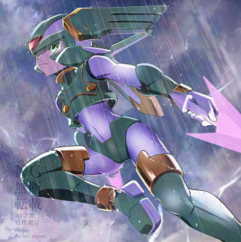 1boy armor commentary_request dual_wielding energy_sword facial_mark foot_out_of_frame forehead_jewel green_armor green_eyes green_helmet head_wings helmet highres holding holding_sword holding_weapon male_focus mechanical_wings mega_man_(series) mega_man_zero_(series) pisuke_(zenmai_jikake) rain sage_harpuia_(mega_man) solo sword watermark weapon wings