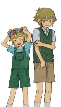 2boys age_comparison aged_down alternate_costume antenna_hair basil_(faraway)_(omori) basil_(omori) blue_eyes blue_shirt blush brown_shorts closed_eyes collared_shirt commentary_request double-parted_bangs dual_persona flower flower_wreath green_overalls green_sweater_vest hair_between_eyes hair_flower hair_ornament hands_on_own_head head_wreath highres looking_at_viewer male_focus multiple_boys omori open_mouth overall_shorts overalls shirt short_hair short_sleeves shorts sidelocks simple_background smile socks sweatdrop sweater_vest t-shirt tamponade teeth upper_teeth_only white_background white_shirt white_socks