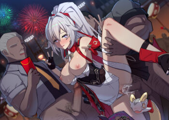 1girl 2boys black_gloves black_shirt blue_eyes boots breasts breasts_out clothing_aside cum cum_in_pussy dark-skinned_male dark_skin double_v fingerless_gloves fireworks gloves grey_jacket group_sex hetero honkai_(series) honkai_impact_3rd interracial jacket kiana_kaslana kiana_kaslana_(ba-dum!_fiery_wishing_star) lao_meng large_breasts long_hair mmf_threesome multiple_boys necktie netorare nipples one_eye_closed open_mouth orange_necktie penis ponytail pussy rice_cake_(honkai_impact) sex shirt single_glove single_thigh_boot standing standing_on_one_leg standing_sex testicles thigh_boots threesome v very_long_hair