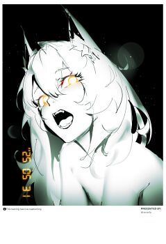 1girl absurdres animal_ears arknights black_background commentary english_commentary fangs hair_between_eyes highres khrnnfz long_hair looking_at_viewer texas_(arknights) wolf_ears wolf_girl yellow_eyes