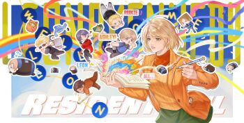 2girls 5boys ? ada_wong albert_wesker anger_vein ashley_graham black_boots black_pants black_shoes blonde_hair blue_eyes blue_hoodie blue_shirt boots border breasts briefcase brown_eyes brown_hair brown_jacket brown_pants bulletproof_vest character_name chibi chibi_inset copyright_name crossed_arms dress flying_sweatdrops food frown green_eyes green_skirt grey_hair grey_pants gun hair_slicked_back highres holding holding_briefcase holding_gun holding_notebook holding_pencil holding_weapon holster hood hoodie jack_krauser jacket leon_s._kennedy luis_sera medium_breasts multiple_boys multiple_girls multiple_views neckerchief notebook one_eye_closed orange_jacket orange_sweater pants parted_lips pencil pizza pizza_slice police police_uniform red_dress red_neckerchief resident_evil resident_evil_4 resident_evil_4_(remake) riyaori scar scar_across_eye scar_on_face shaped_eraser shirt shoes short_dress short_hair skirt smile streamers sunglasses sweater thigh_holster turtleneck turtleneck_dress umbrella_corporation_(logo) unworn_hoodie upper_body weapon white_boots white_border