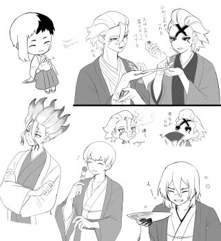 Rule 34 | 6+boys, absurdres, artist name, asagiri gen, black lips, closed eyes, commentary request, crossed arms, cup, dango, dr. stone, eating, facial mark, festival, folding fan, food, greyscale, hair between eyes, hakama, hand fan, haori, highres, holding, holding fan, ishigami senkuu, japanese clothes, kimono, lips, lipstick, long sleeves, makeup, male focus, mascara, medium hair, monochrome, multicolored hair, multiple boys, nanami ryuusui, okkobc, runny makeup, saionji ukyou, sakazuki, sash, short hair, sitting, sketch, skewer, smile, stanley snyder (dr.stone), summer festival, teeth, translated, twitter username, two-tone hair, wagashi, xeno (dr.stone)