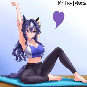 1girl absurdres alternate_costume animal_ears arm_up barefoot black_leggings blue_hair breasts cleavage closed_mouth commentary crop_top fanbox_username fingernails heart highres horse_ears horse_girl horse_tail large_breasts leggings long_hair looking_at_viewer midriff nail_polish navel nekroz7 pants purple_eyes smile solo tail toenail_polish toenails toes umamusume verxina_(umamusume) yoga yoga_mat yoga_pants