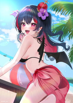 1girl absurdres back bare_shoulders bat_wings beach bikini black_bikini black_hair black_nails blue_sky blush colored_inner_hair crown earrings fangs floating_hair flower from_behind hair_flower hair_ornament highres ikichi_crea jewelry long_hair looking_at_viewer multicolored_hair official_art open_mouth pink_eyes pink_hair pointy_ears red_eyes red_sarong sarong see-through_clothes see-through_sarong sky string_bikini sunlight swimsuit tattoo thighs virtual_youtuber vivid_v wavy_hair wings yuuyu_(moco20111115)