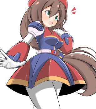 1girl :d absurdres android beret blush breasts brown_hair cowboy_shot dress eyes_visible_through_hair gloves green_eyes hair_between_eyes hair_ornament hand_on_own_chest haruwo0096 hat helmet highres iris_(mega_man) joints long_hair low-tied_long_hair medium_breasts mega_man_(series) mega_man_x_(series) multicolored_dress open_mouth pantyhose red_hat red_helmet robot robot_girl robot_joints simple_background smile solo very_long_hair white_background white_gloves white_pantyhose