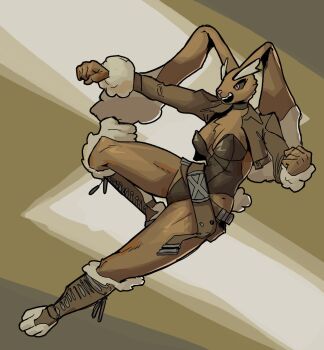 1girl adapted_costume black_leotard breasts cleavage clenched_hands cosplay curvy double_zr_tap full_body furry furry_female gen_4_pokemon heart highleg highleg_leotard jacket jumping leotard lopunny marvel marvel_rivals nintendo open_clothes open_jacket open_mouth outdoors pokemon pokemon_(creature) rabbit_ears rabbit_girl rabbit_tail revealing_clothes rogue_(x-men) rogue_(x-men)_(cosplay) simple_background skindentation smile strapless strapless_leotard superhero_costume wide_hips