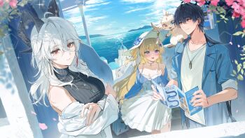 1boy 2girls abby_(wuthering_waves) absurdres ahoge alternate_costume bare_shoulders black_hair black_horns black_shirt blonde_hair blue_eyes blue_jacket blush breasts closed_mouth collarbone commentary crossed_arms curled_horns dress earrings english_commentary hair_between_eyes hair_ornament hat highres holding holding_map horns iop5509 jacket jewelry key_earrings large_breasts long_hair looking_at_viewer male_rover_(wuthering_waves) map medium_breasts mole mole_under_eye multicolored_hair multiple_girls off_shoulder open_mouth phoebe_(wuthering_waves) red_eyes rolling_suitcase rover_(wuthering_waves) shirt sleeves_rolled_up smile streaked_hair suitcase tacet_mark_(wuthering_waves) white_dress white_hat white_jacket white_shirt wuthering_waves x_hair_ornament yellow_eyes zani_(wuthering_waves)