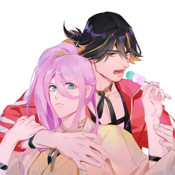 2boys black_hair blue_eyes commentary_request dango food hachisuka_kotetsu japanese_clothes kimono long_hair male_focus multiple_boys nagasone_kotetsu ncww_rinichi open_mouth pink_hair short_hair simple_background sparse_stubble touken_ranbu wagashi white_background yaoi yellow_kimono