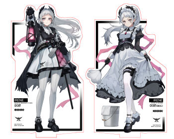 1girl ammunition_belt arknights arm_up beruko14 black_dress black_footwear black_gloves boots character_name dress dual_persona duster feather_duster gloves grey_eyes grey_hair gun handgun head_wings highres holding holding_lantern holster irene_(arknights) irene_(voyage_of_feathers)_(arknights) lantern long_hair long_sleeves maid official_alternate_costume pantyhose ponytail scabbard scar scar_across_eye scar_on_face sheath simple_background standing weapon white_background white_dress white_pantyhose wind wings