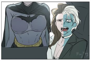 2girls against_glass bat_signal batman batman_(series) batman_symbol belt black_cape black_hair bodysuit breast_press breasts breasts_on_glass bruce_wayne cape cowl dc_comics genderswap genderswap_(mtf) grey_bodysuit hashtag-only_commentary large_breasts long_hair meme minjmingg multicolored_bodysuit multiple_girls open_mouth simple_background superhero_costume taut_bodysuit two-face two-tone_bodysuit utility_belt woman_scared_of_breasts_(meme) yuri