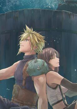 1boy 1girl armor back-to-back bare_shoulders black_gloves black_hair black_skirt blonde_hair blue_eyes breasts brown_hair closed_eyes closed_mouth cloud_strife crop_top earrings elbow_gloves final_fantasy final_fantasy_vii final_fantasy_vii_remake from_side gloves highres jewelry large_breasts long_hair looking_up nibelheim night outdoors profile ribbed_sweater shiori8_ff shoulder_armor sitting skirt sky sleeveless sleeveless_turtleneck smile spiked_hair star_(sky) starry_sky stud_earrings suspender_skirt suspenders sweater tank_top tifa_lockhart turtleneck upper_body water_tank water_tower white_tank_top