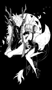 1girl animal_ear_fluff bird black_gloves black_hair china_dress chinese_clothes clothing_cutout dress fate/grand_order fate_(series) fox_girl fox_tail full_body gloves greyscale hair_ornament high_heels highres koyanskaya_(chinese_lostbelt_outfit)_(fate) koyanskaya_(fate) looking_at_viewer monochrome passengers256 qilin_(mythology) sibuxiang_(fate) side_slit simple_background tail tail_through_clothes tassel tassel_hair_ornament