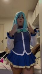 1girl animated aqua_(konosuba) aqua_(konosuba)_(cosplay) audible_music bare_shoulders blue_hair boots brazilian_(nationality) cosplay female_focus high_heel_boots high_heels indoors interior kono_subarashii_sekai_ni_shukufuku_wo! long_hair looking_at_another looking_at_viewer lowres music nerokosplayer no_panties photo_(medium) real_life skirt solo sound tagme teeth thighhighs video white_thighhighs