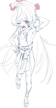 1girl ;o absurdres arm_up armpits bandaged_hand bandaged_leg bandages bandaid bell blue_archive blush dan_nako dress flat_chest full_body gauze gauze_on_cheek gauze_on_face halo highres jingle_bell long_hair looking_at_viewer monochrome obi one_eye_closed red_halo sash shuro_(blue_archive) sideless_dress sideless_kimono sideless_outfit sketch sleeveless solo spot_color standing unfinished very_long_hair white_background