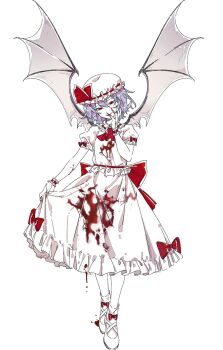 1girl ascot back_bow bat_wings blood blood_drip blood_on_clothes blood_on_face blood_on_ground blood_on_hands bow commentary fangs fingernails frilled_shirt frilled_shirt_collar frilled_skirt frilled_sleeves frills full_body hair_between_eyes hand_on_own_face hat hat_ribbon highres looking_at_viewer mob_cap open_mouth puffy_short_sleeves puffy_sleeves red_ascot red_bow red_eyes red_nails red_ribbon remilia_scarlet ribbon sharp_fingernails shiorondo shirt shoes short_hair short_sleeves simple_background skirt skirt_hold skirt_set sleeve_bow smile socks solo spread_wings stain stained_clothes standing symbol-only_commentary touhou white_background white_hat white_shirt white_skirt white_socks wings wrist_cuffs
