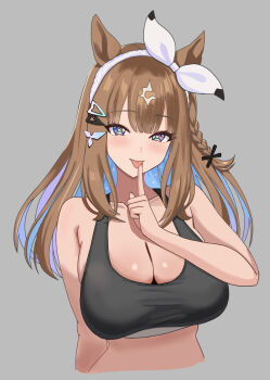 1girl almond_eye_(umamusume) animal_ears asymmetrical_hair black_sports_bra blue_eyes blue_hair blush bow_hairband braid breasts brown_hair chinese_commentary cleavage closed_mouth colored_inner_hair commentary_request cropped_torso finger_to_mouth g_bael_suomi grey_background hair_ornament hair_ribbon hairband hairclip highres horse_ears horse_girl large_breasts long_hair looking_at_viewer multicolored_hair ribbon shushing simple_background single_braid smile solo sports_bra symbol-shaped_pupils tongue tongue_out umamusume upper_body white_hair white_hairband white_ribbon x-shaped_pupils