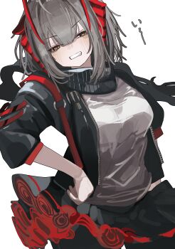 1girl absurdres antenna_hair arknights black_jacket black_scarf black_skirt blush breasts clenched_teeth commentary cowboy_shot demon_girl demon_horns grey_hair grey_shirt hair_between_eyes half-closed_eyes hand_on_own_hip highres horns jacket large_breasts looking_at_viewer open_clothes open_jacket orange_eyes red_horns red_skirt scarf shirt short_hair sidelocks simple_background skirt solo taiiiyakiii teeth three-quarter_sleeves translation_request two-sided_fabric two-sided_skirt w_(arknights) white_background