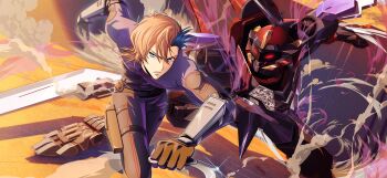 1boy ash_phoenix blue_eyes brown_hair code_geass code_geass:_dakkan_no_roze code_geass:_lost_stories f4samurai highres knightmare_frame long_hair mecha multicolored_hair official_art robot running short_hair solo two-tone_hair zi-apollo_(code_geass)