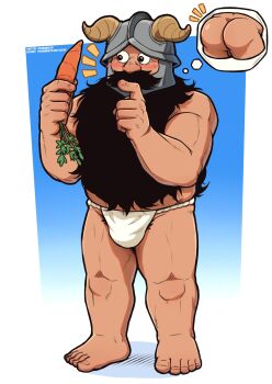 1boy absurdres ass bara baramantik beard blush carrot dungeon_meshi dwarf facial_hair fake_horns full_body fundoshi hand_on_own_chin helmet highres holding holding_carrot horned_helmet horns imminent_masturbation japanese_clothes large_hands long_beard male_focus muscular muscular_male mustache notice_lines pubic_hair pubic_hair_peek senshi_(dungeon_meshi) solo speech_bubble standing stroking_own_chin thick_mustache thighs thinking thought_bubble topless_male very_long_beard