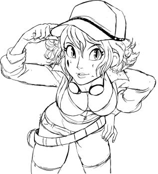 baseball_cap bent_over breasts cidney_aurum cleavage cleft_of_venus denim denim_shorts dirty dirty_face final_fantasy final_fantasy_xv googles hand_on_own_hip hat highres large_breasts looking_at_viewer short_hair short_shorts shorts sketch teevo