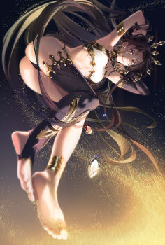 1girl armlet barefoot black_hair breasts earrings fate/grand_order fate_(series) feet hair_ribbon highres hoop_earrings ishtar_(fate) jewelry legs long_hair looking_at_viewer medium_breasts navel no_shoes red_eyes ribbon soles stirrup_legwear thighhighs tiara toeless_legwear toes two_side_up wolfina